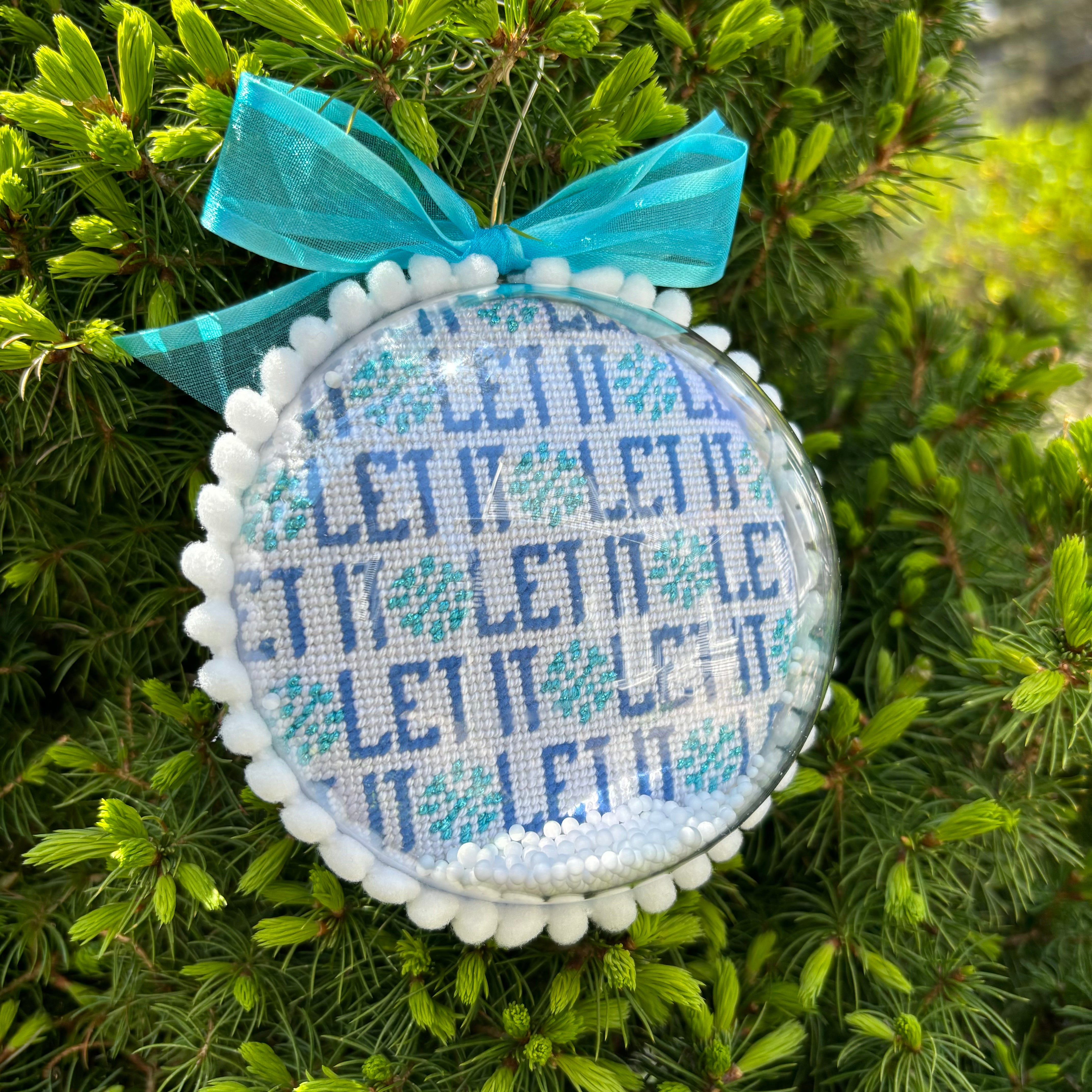 let it snow needlepoint canvas ornament finishing