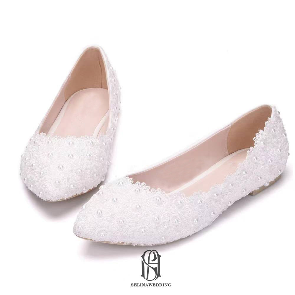 White Pointed Flat Pearl Party Wedding Shoes selina202241823