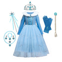 Christmas Party Dresses For Kids Cosplay Frozen Elsa Princess Costume Winter Elegant Fur Collar Jewelry Sequins Mesh Ball Gown