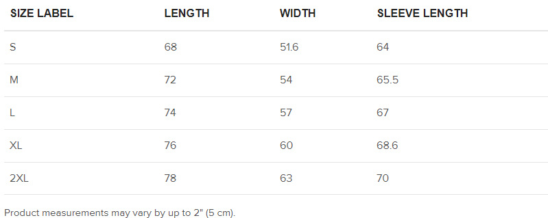 Hoodie measurement Table