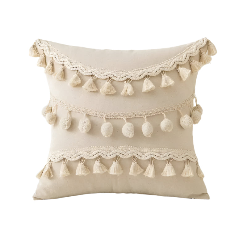 Beige Tufted Cushion Cover - Wabi-Sabi Tassel Crochet Decor
