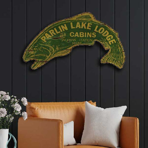 Lake lodge wood sign in shape of a fish - vintage wood signs