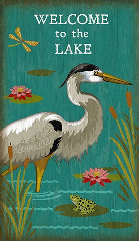 vintage wood signs "Welcome to the Lake" wall art with a Heron.