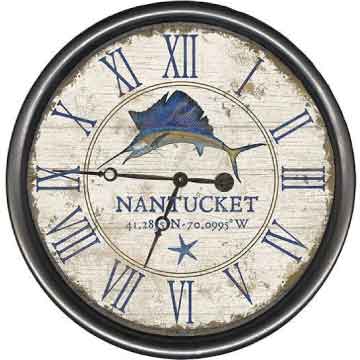 Clock with image of a sailfish and Nantucket on the face.