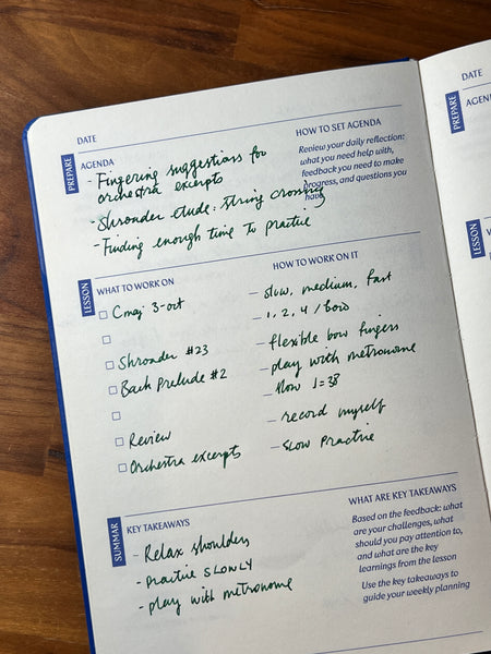 Example of lesson notes in the Muse and Mate practice journal for musicians