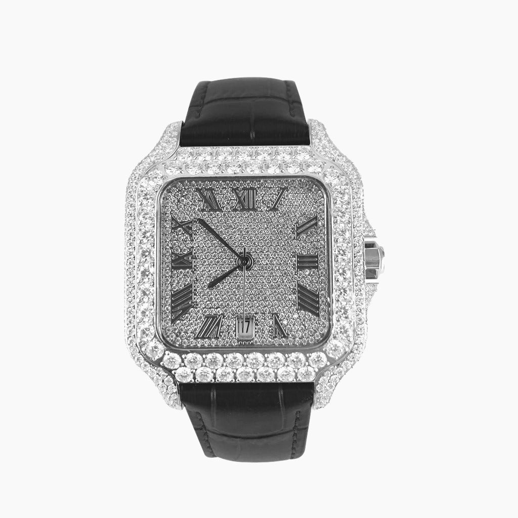 Moissanite Black Croco Half Iced Leather Band Watch Bezel 9.6ct - Zotic product image