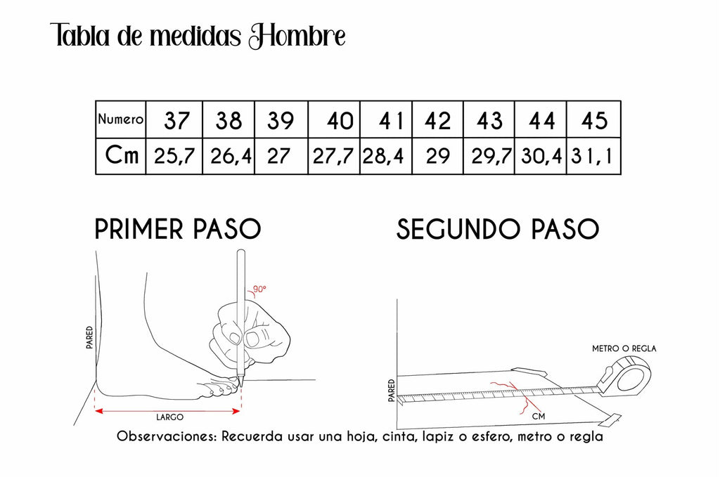 Tabla de medidas Hombres Jorge Ramirez