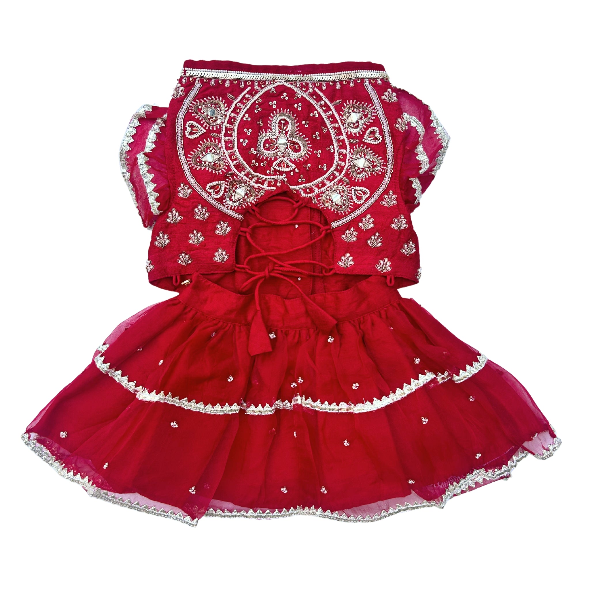 Product image for RED WHITE PATTA HAND EMBROIDERED DOG LEHENGA