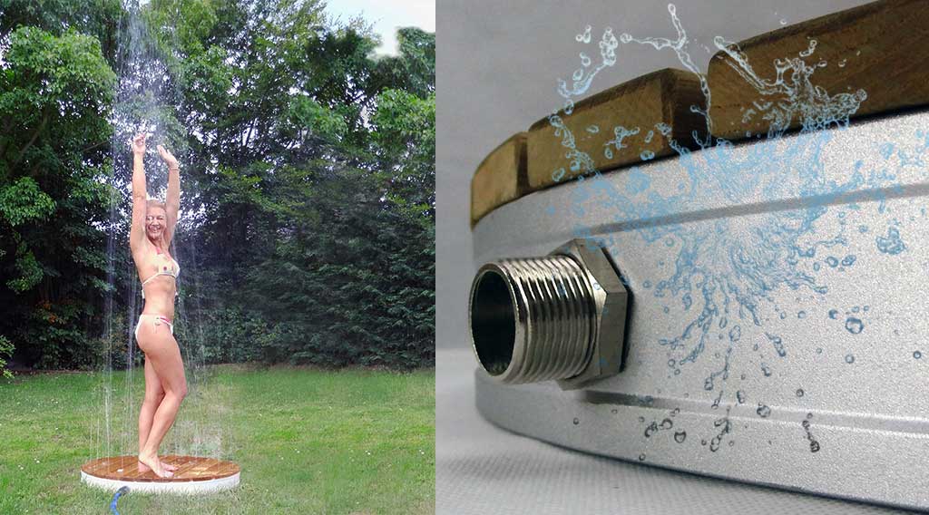 Tragbare Gartendusche aus Holz für kleine Garten - einfach an Gartenschlauch anschließen