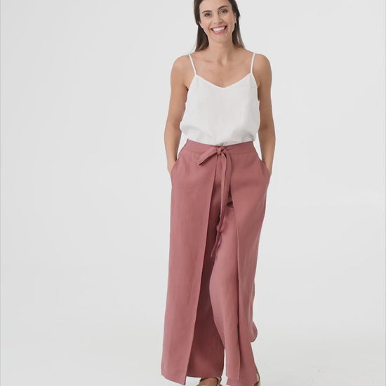 Slit Wrap Linen Pants NASSAU in Clay Pink | MagicLinen