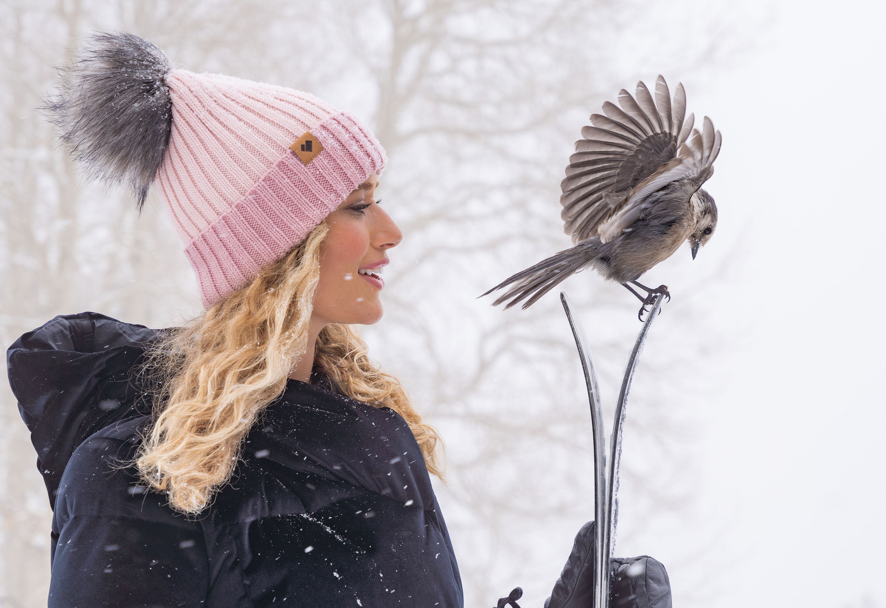 Bird landing on a girl's skis.