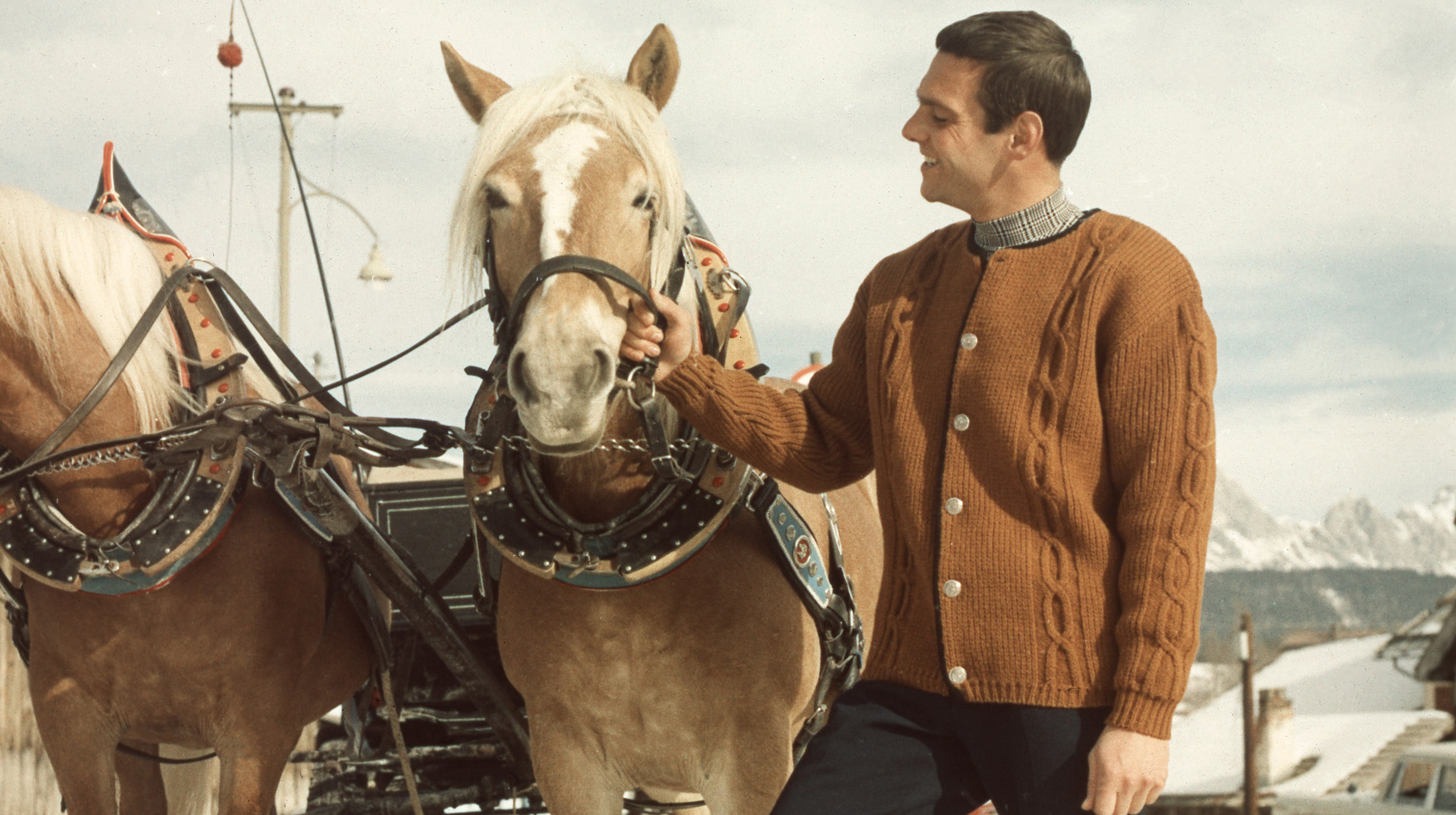 A man in an Obermeyer sweater grooming a horse