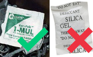 A pouch of Cortec Cor-Pack 1-Mul with an approval sign next to a pouch of desiccant silica gel with a disapproval sign.