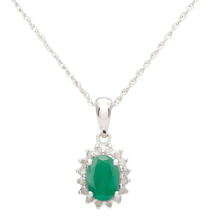 10k White Gold Oval Emerald and Diamond Halo Necklace