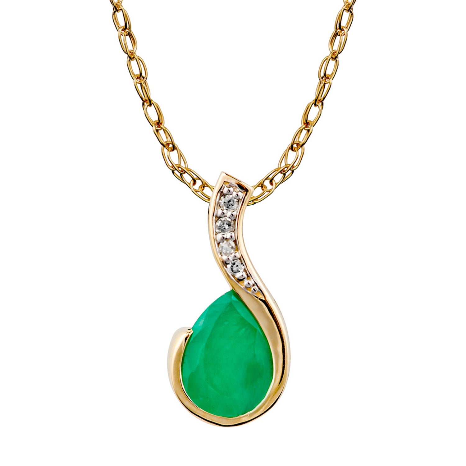 10k Yellow Gold Genuine Pear-Shape Emerald and Diamond Drop Pendant Necklace