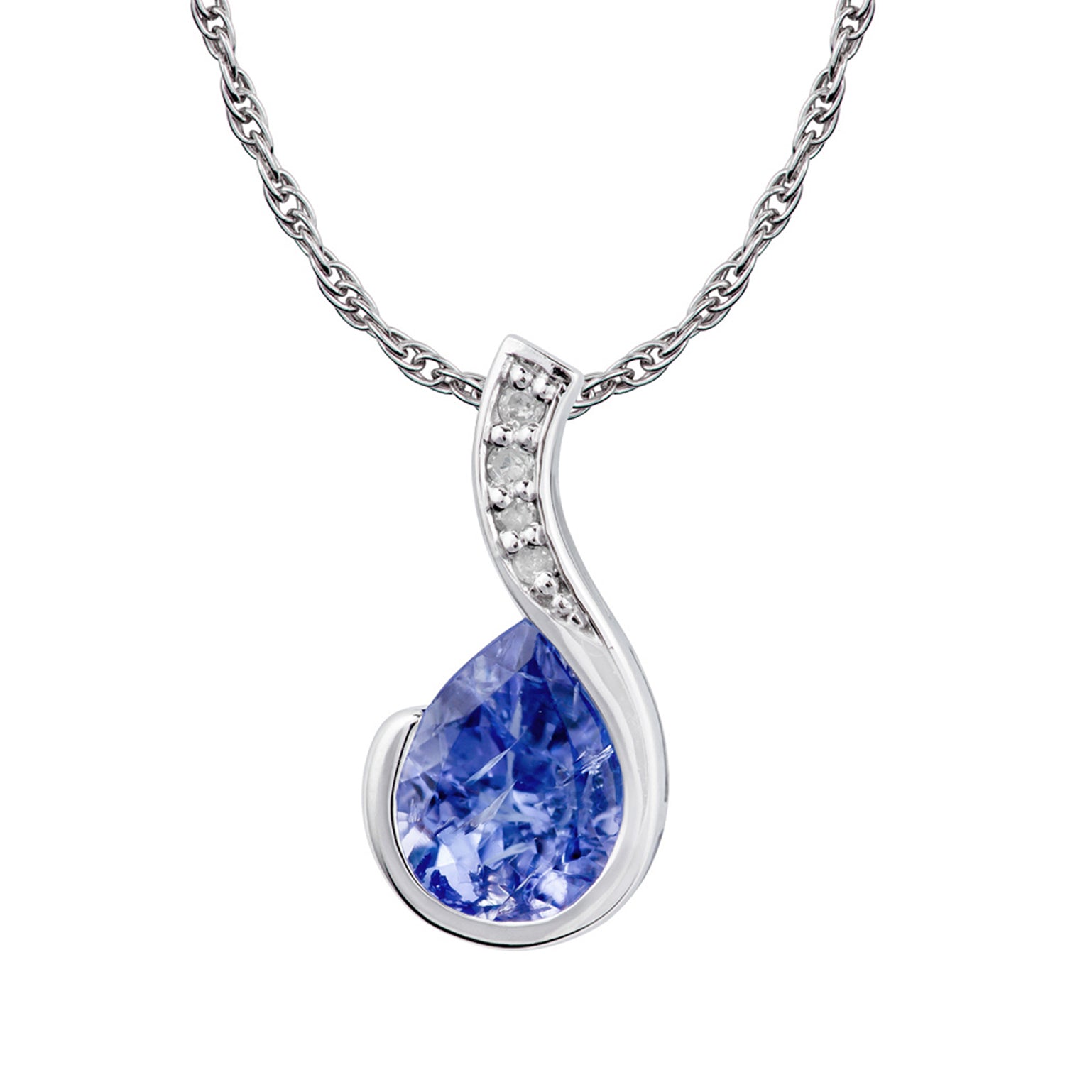 10k White Gold Genuine Pear-Shape Tanzanite and Diamond Drop Pendant Necklace