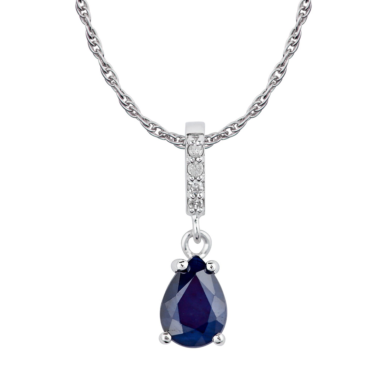 10k White Gold Genuine Pear-Shape Sapphire and Diamond Drop Pendant Necklace