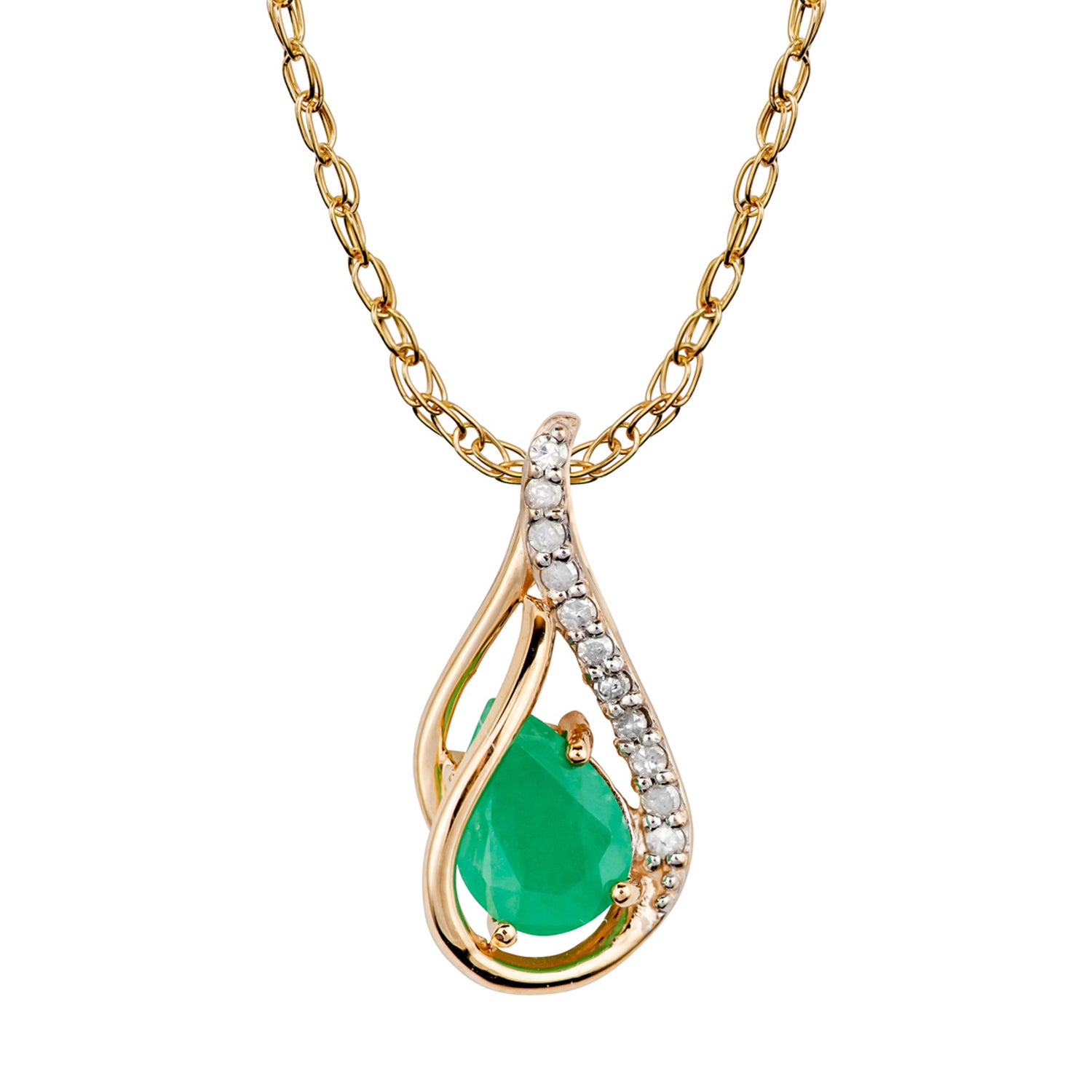 10k Yellow Gold Genuine Pear-shape Emerald and Diamond Halo Drop Pendant Necklace