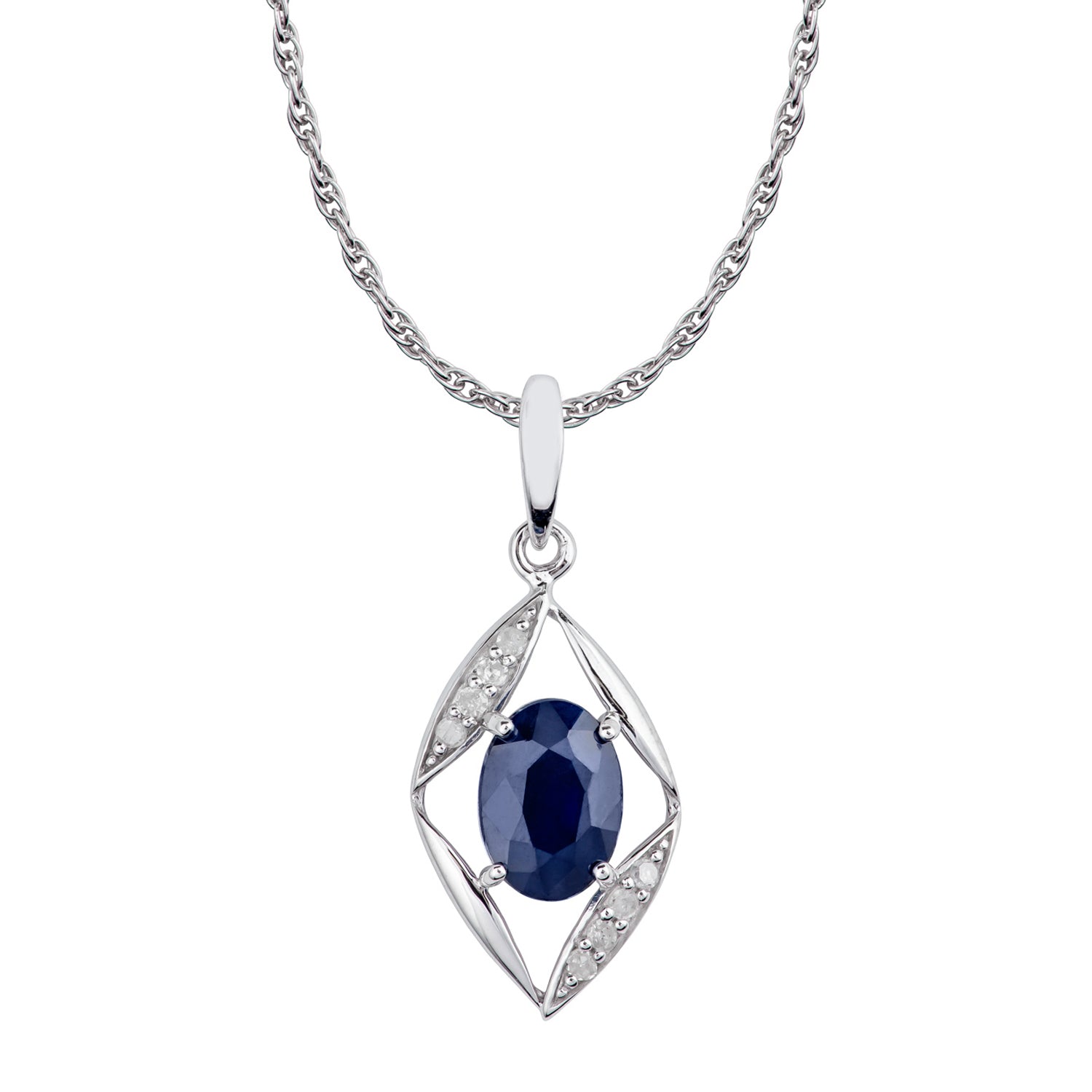 10k White Gold Genuine Oval Sapphire and Diamond Pendant Necklace