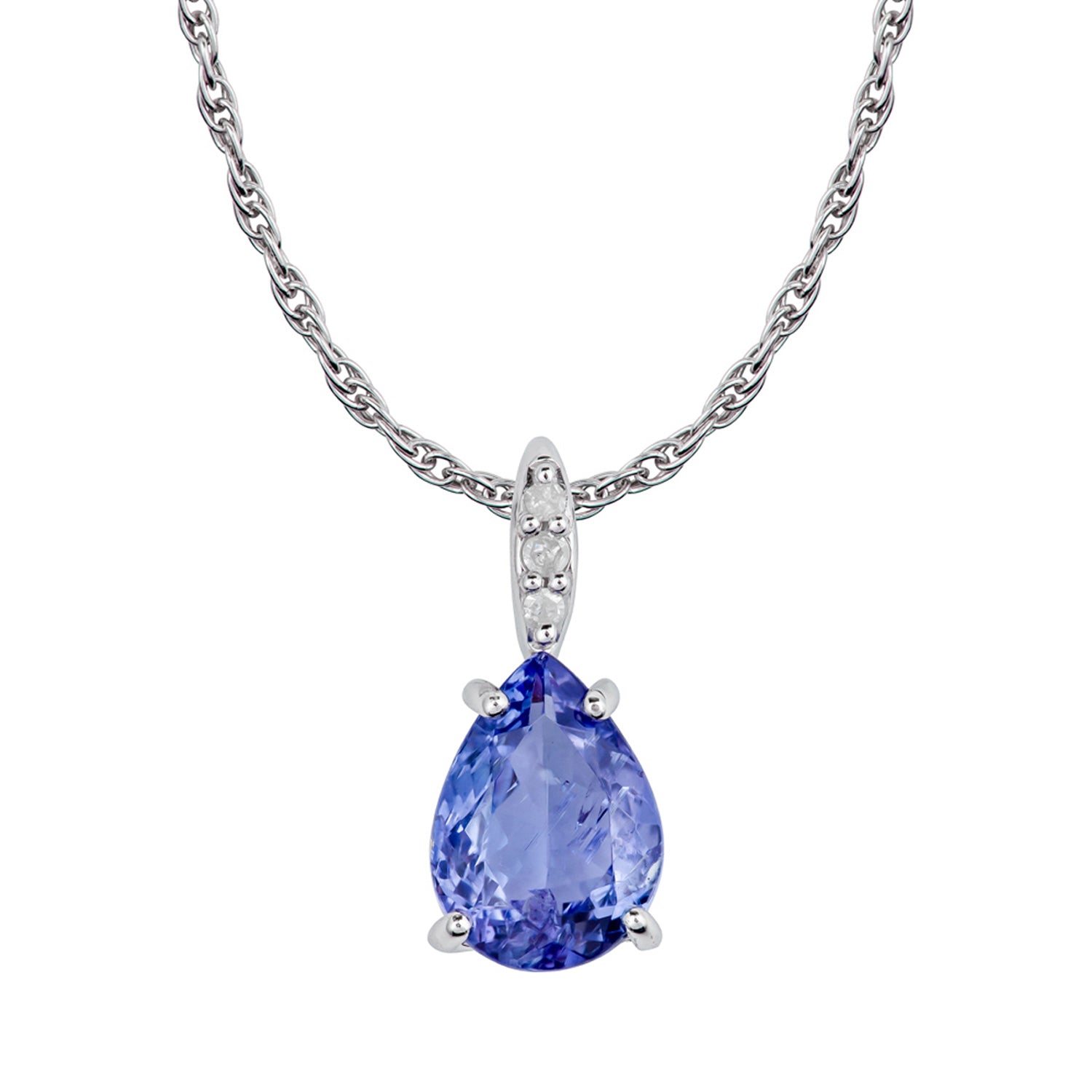 10k White Gold Genuine Pear-Shape Tanzanite and Diamond Teardrop Pendant Necklace