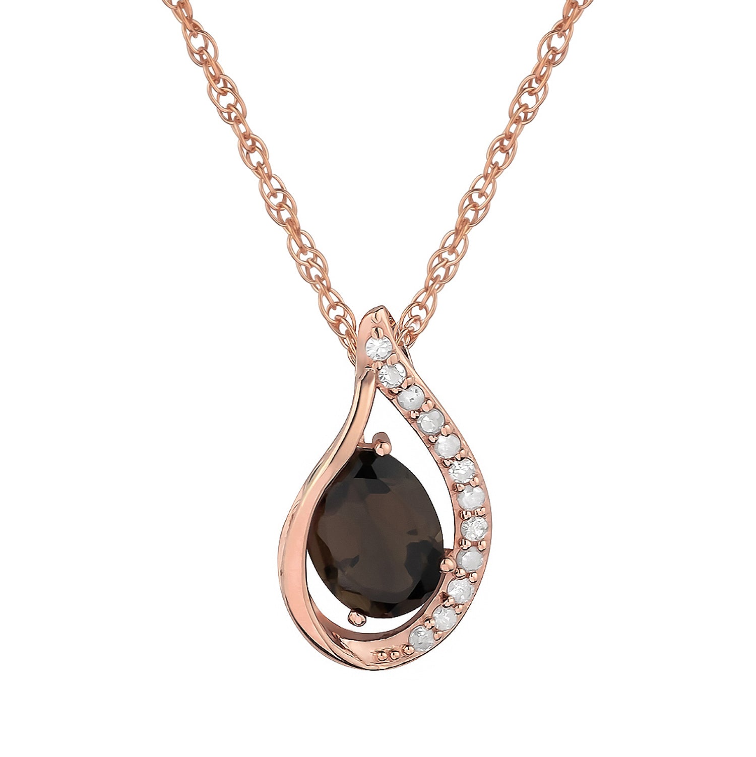 10k Rose Gold Genuine Oval Smoky Quartz and Diamond Halo Drop Pendant Necklace