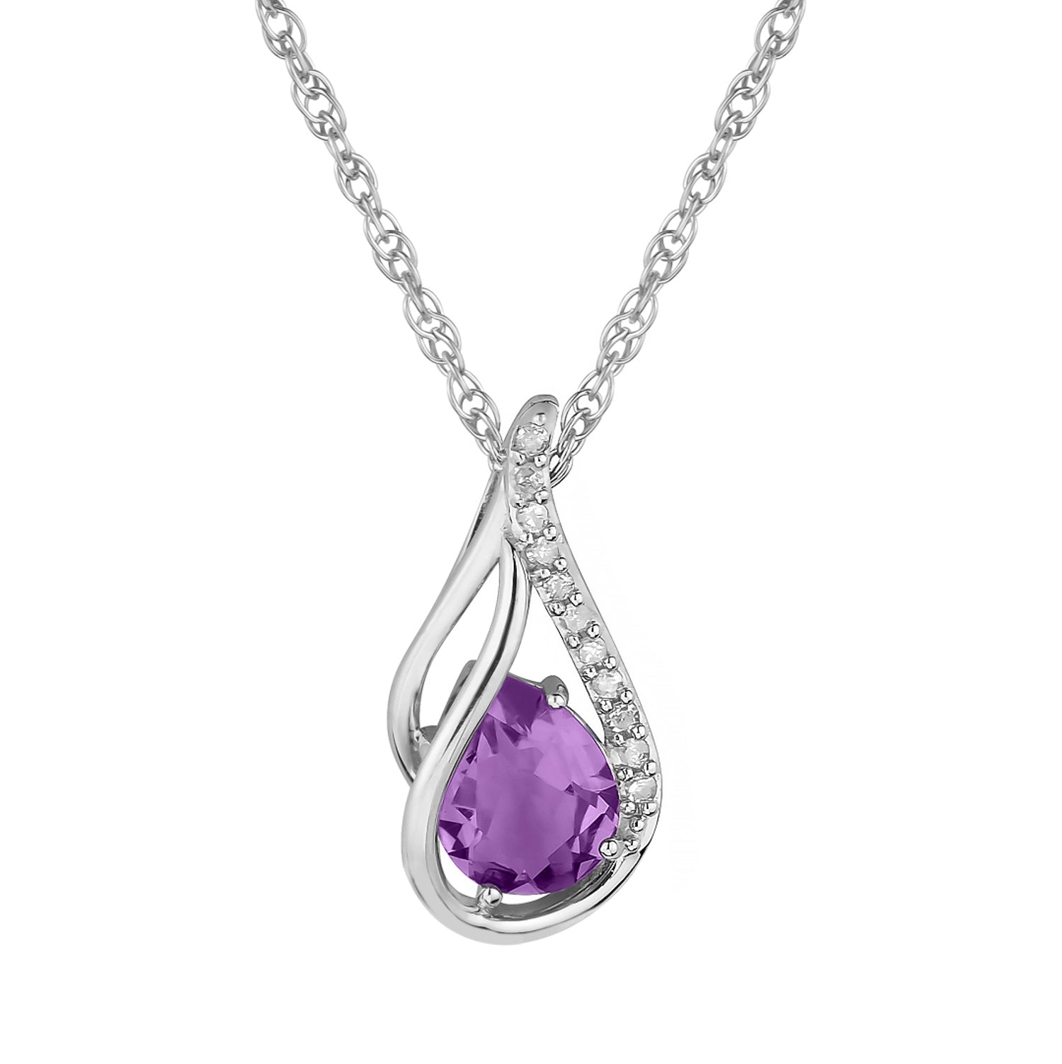 10k White Gold Genuine Pear-shape Amethyst and Diamond Halo Drop Pendant Necklace