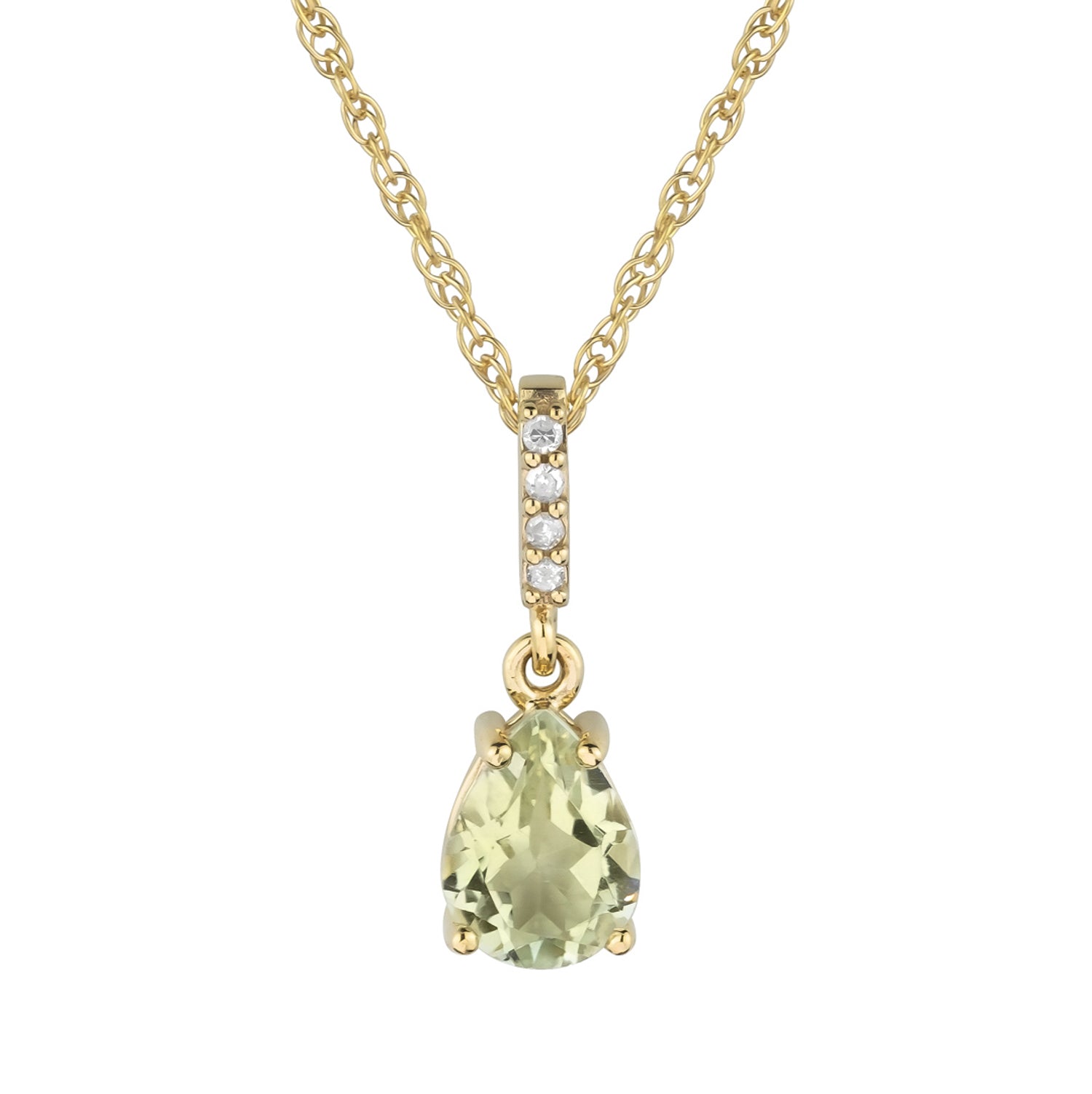 10k Yellow Gold Genuine Pear-Shape Green Amethyst and Diamond Drop Pendant Necklace