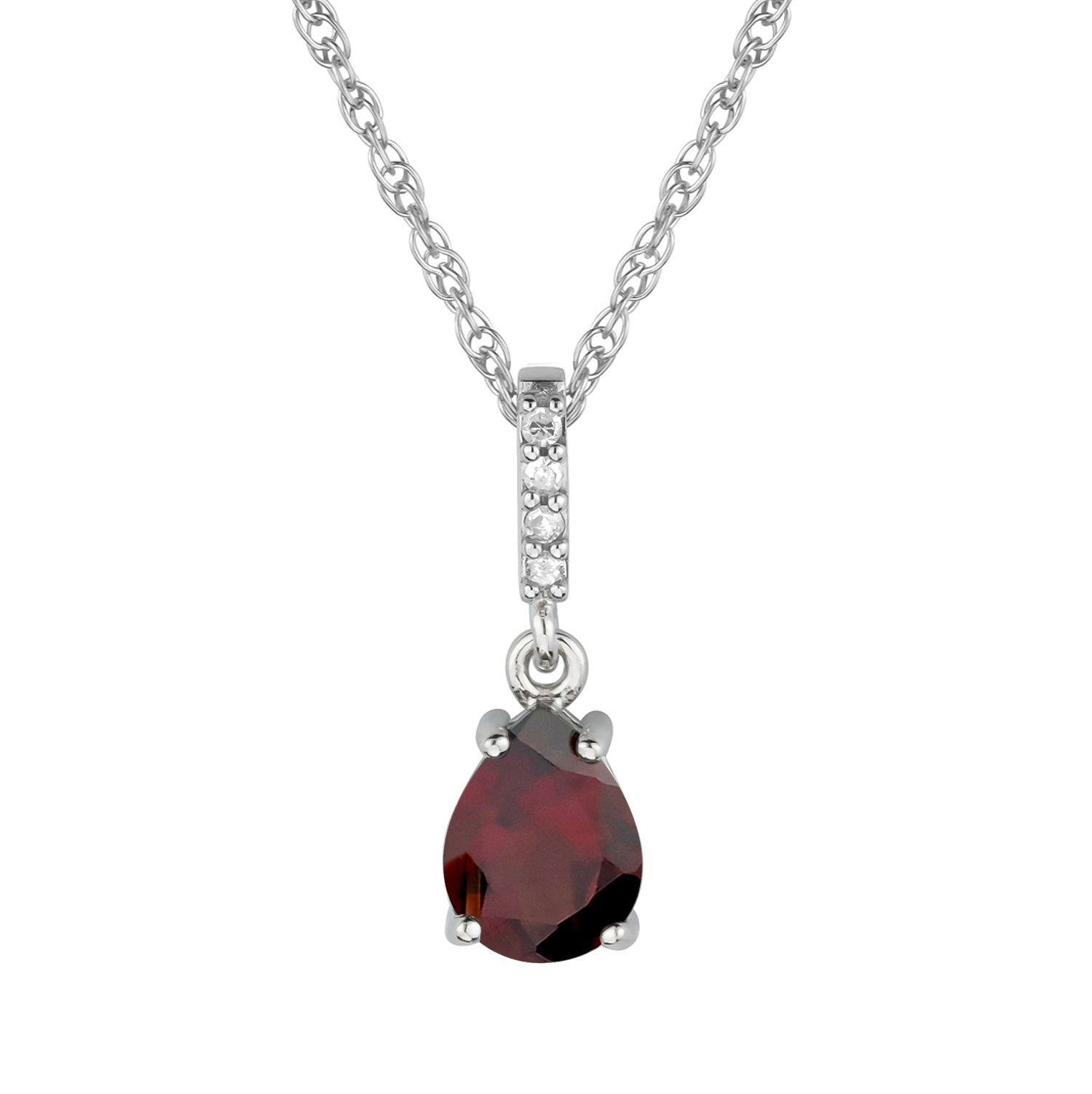 10k White Gold Genuine Pear-Shape Garnet and Diamond Drop Pendant Necklace