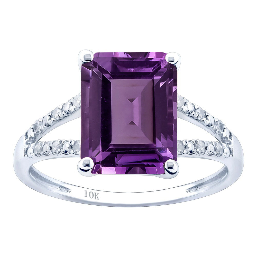 10k White Gold Genuine Emerald-Shape Amethyst and Split-Shank Diamond Ring