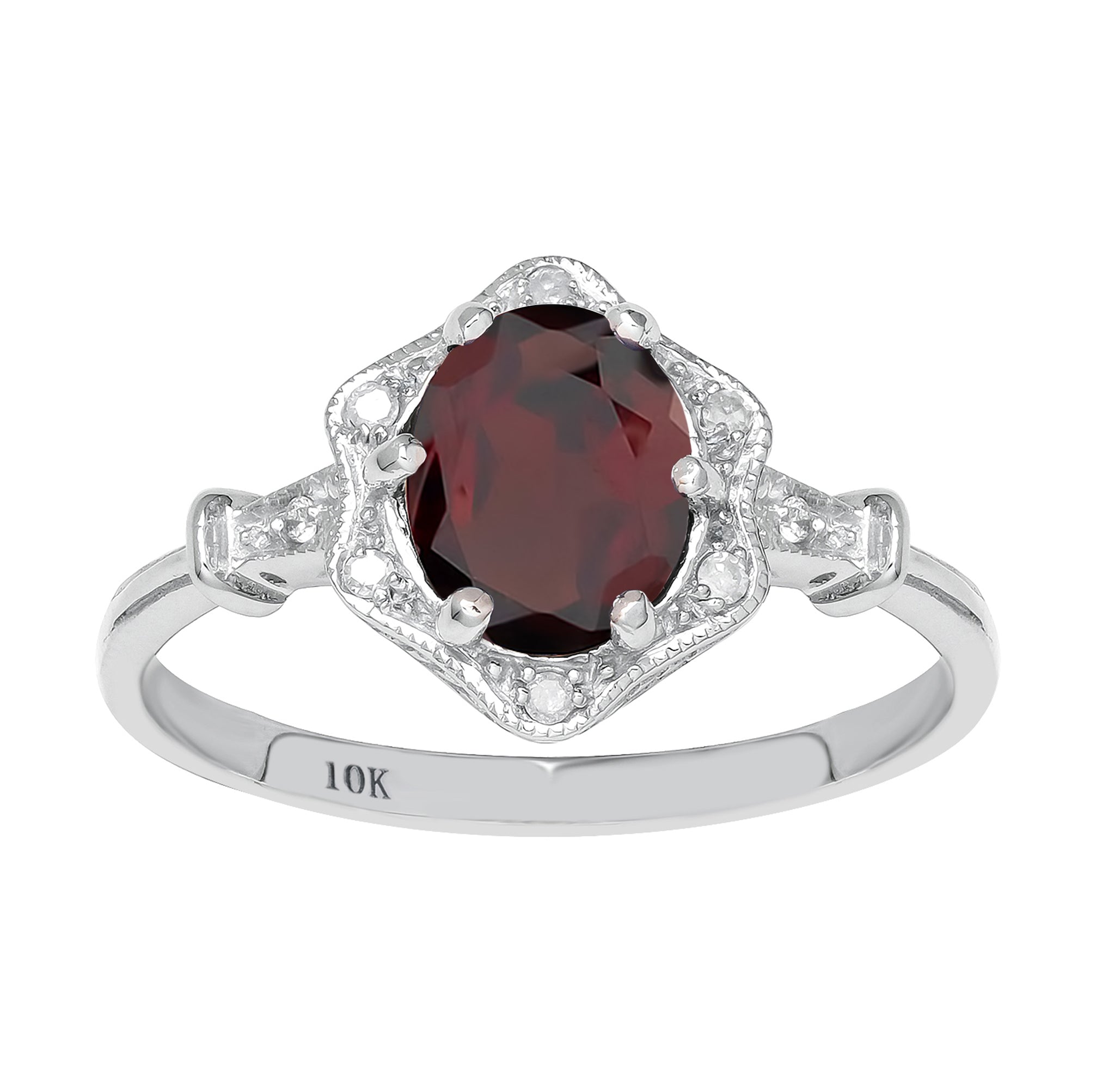 10k White Gold Vintage Style Genuine Oval Garnet and Diamond Halo Ring