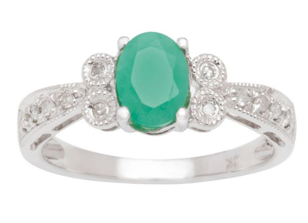 10k White Gold Vintage Style Oval Emerald and Diamond Ring