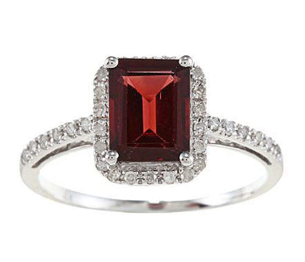 10k White Gold Emerald-Cut Garnet and Diamond Halo Ring