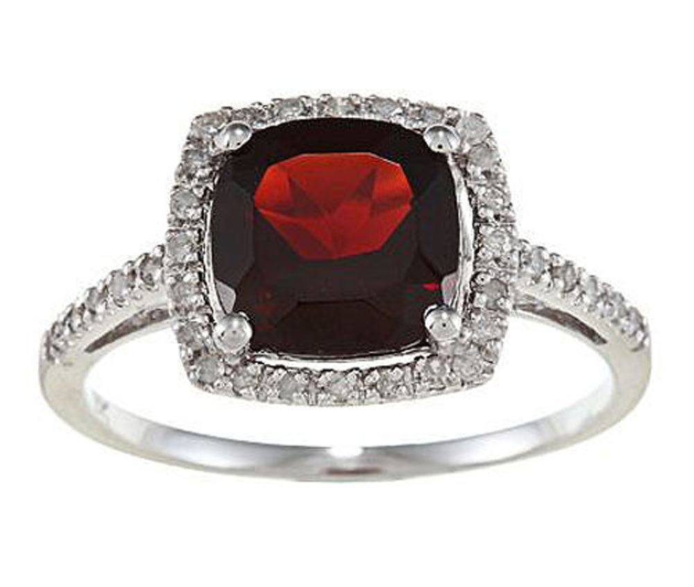 10k White Gold Cushion Garnet and Diamond Halo Ring