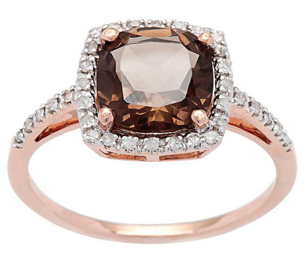 10k Rose Gold Cushion Smoky Quartz and Diamond Halo Ring