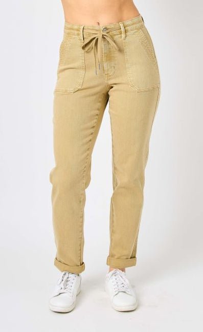 Iris Faux Leather Cuffed Drawstring Joggers in Khaki