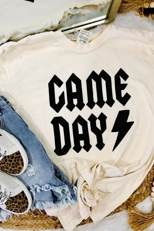 Thunderstruck Puff Letter Game Day Tee