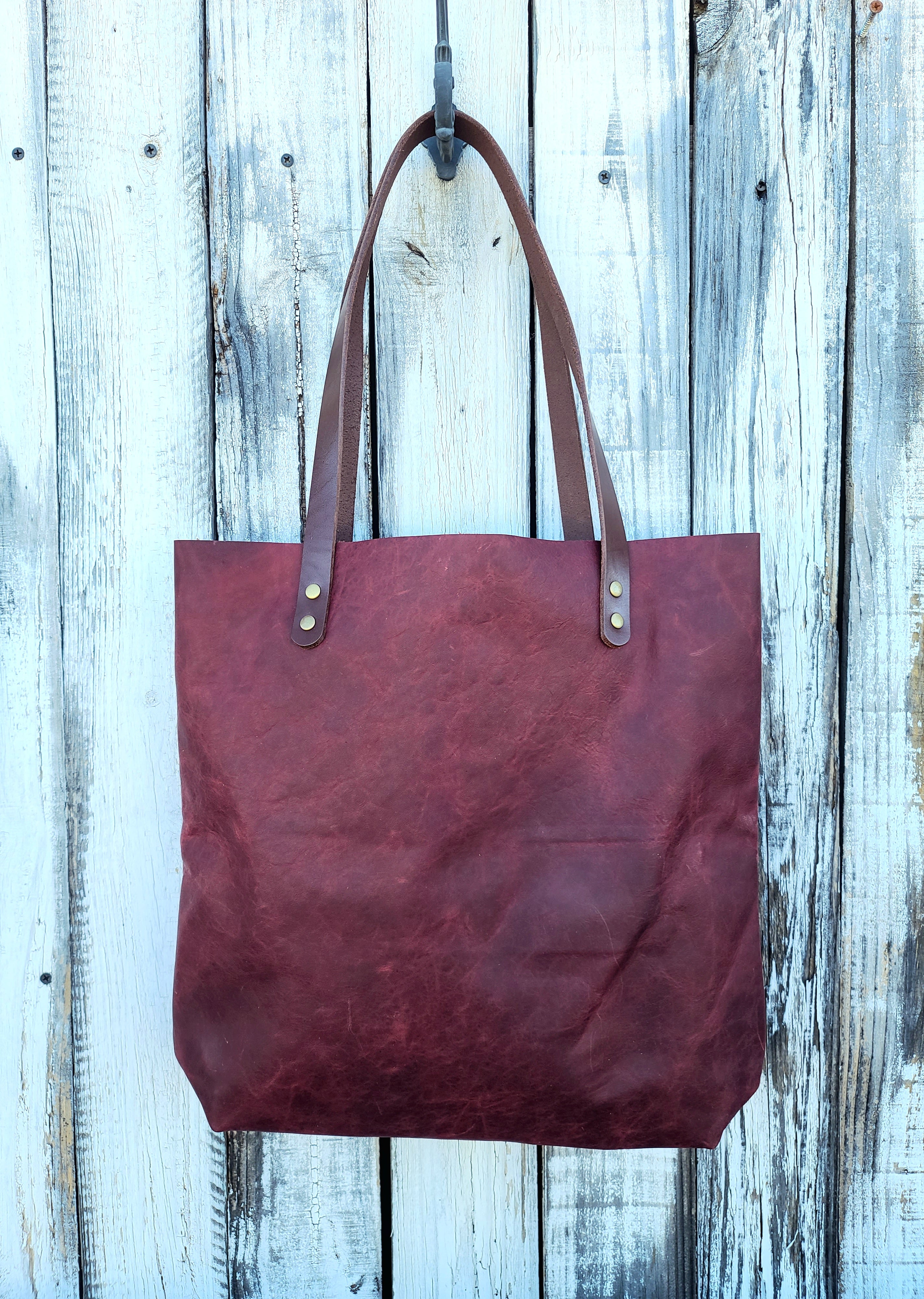 Rustic Tall Leather Tote-Merlot