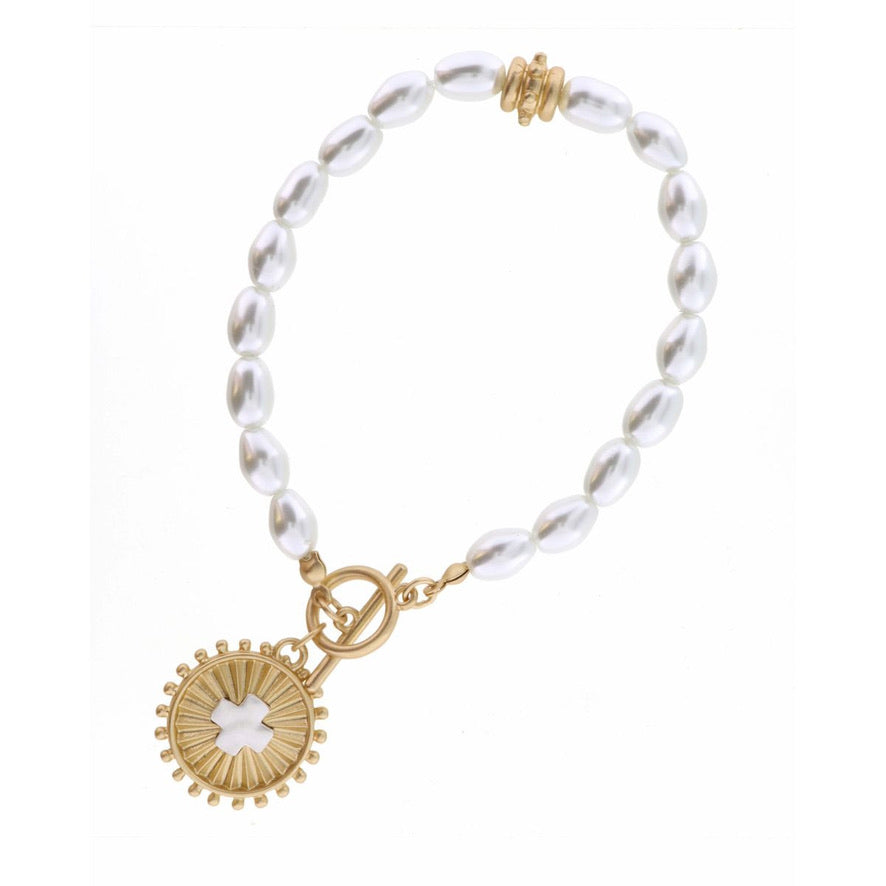 Jane Marie TEXTURED GOLD CIRCLE WITH SILVER CROSS ON PEARL BRACE