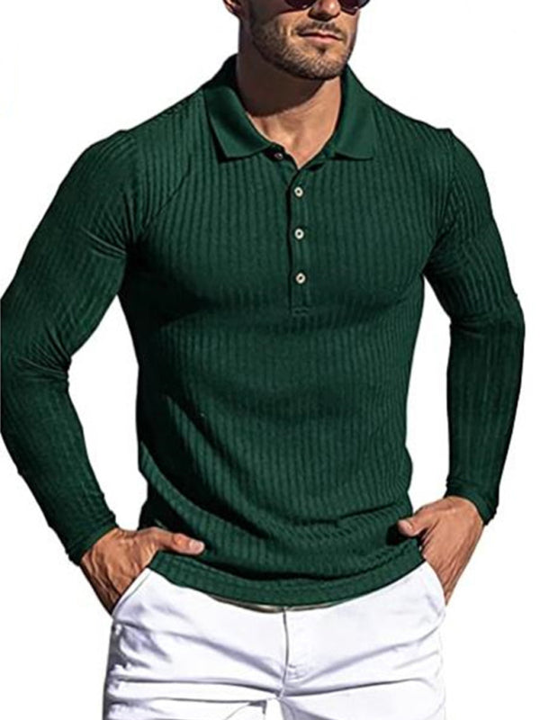 New Men's High Elastic Vertical Strip Long Sleeve POLO Shirt Slim Knit Bottom Shirt Polo Shirt