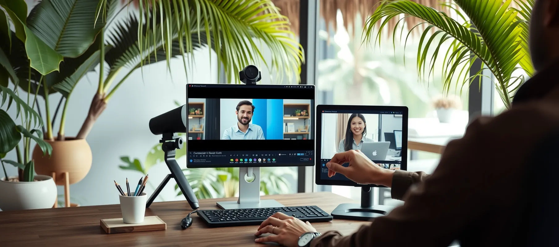 Digital nomad presenting connectivity solutions to remote team via video conference, tropical co-working space backdrop, professional setup