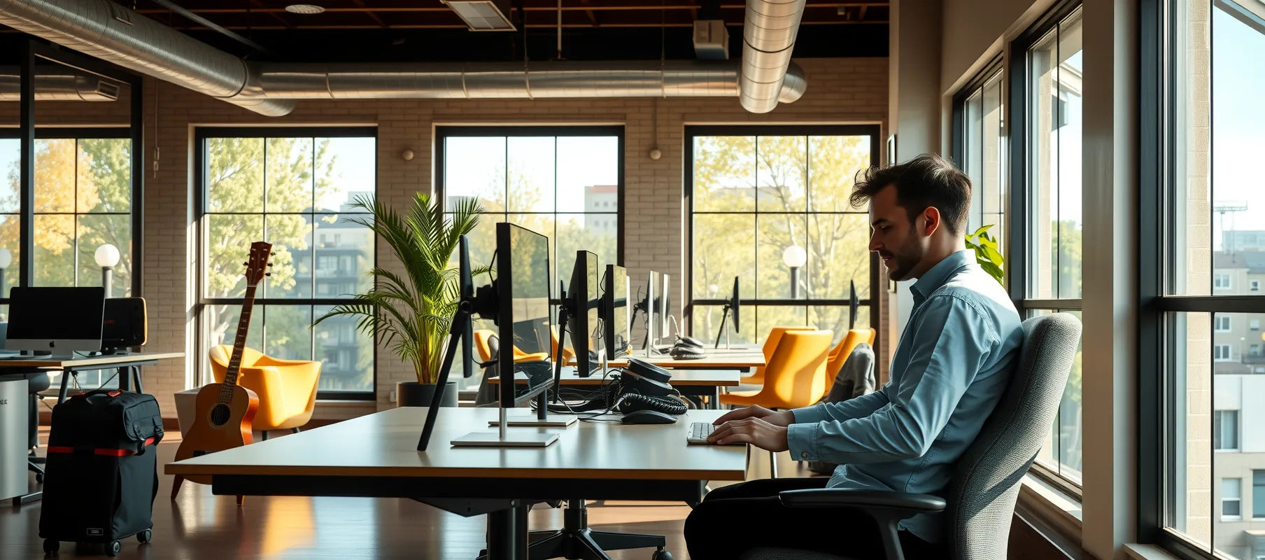 Digital nomad working on laptop in modern co-working space, natural lighting through large windows, professional setup with multiple monitors, shot on Canon 5D