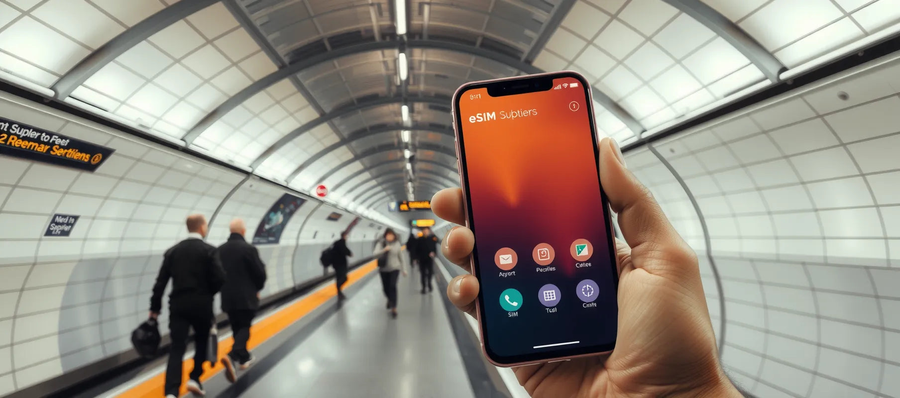 Metropolitan subway station with unique architectural elements, leading lines, minimal people, modern smartphone in foreground showing eSIM app interface