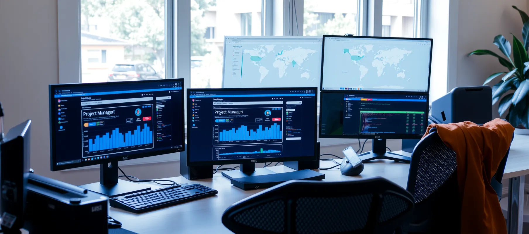 Organized workspace with multiple monitors displaying project management dashboard, clean desk setup, natural lighting, professional environment