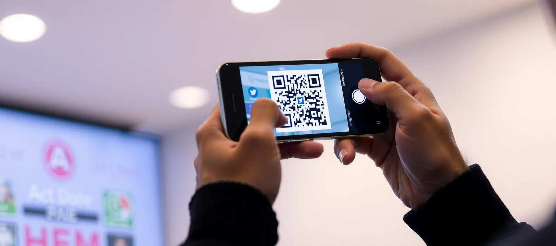 Person scanning QR code with smartphone, indoor setting with soft lighting