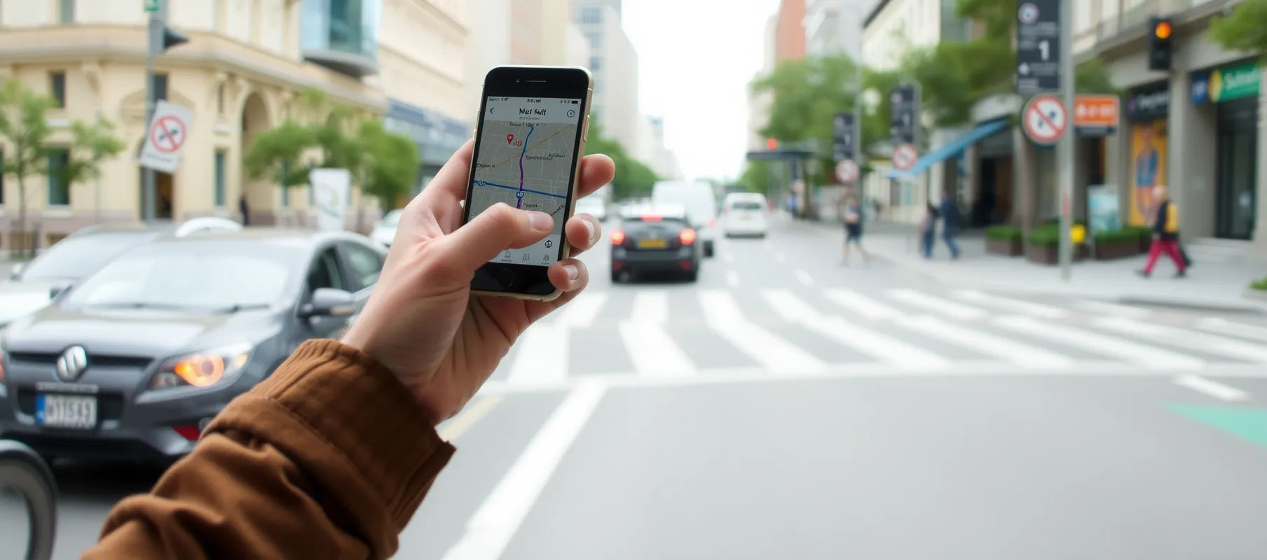 Person using navigation app on smartphone while traveling in a foreign city