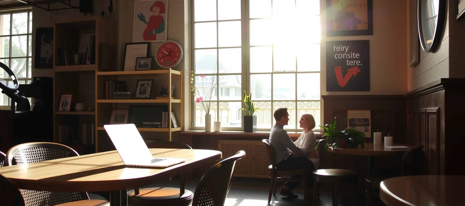 Quiet cafe interior with vintage decor, morning light streaming through windows, laptop setup, professional working environment, warm atmosphere