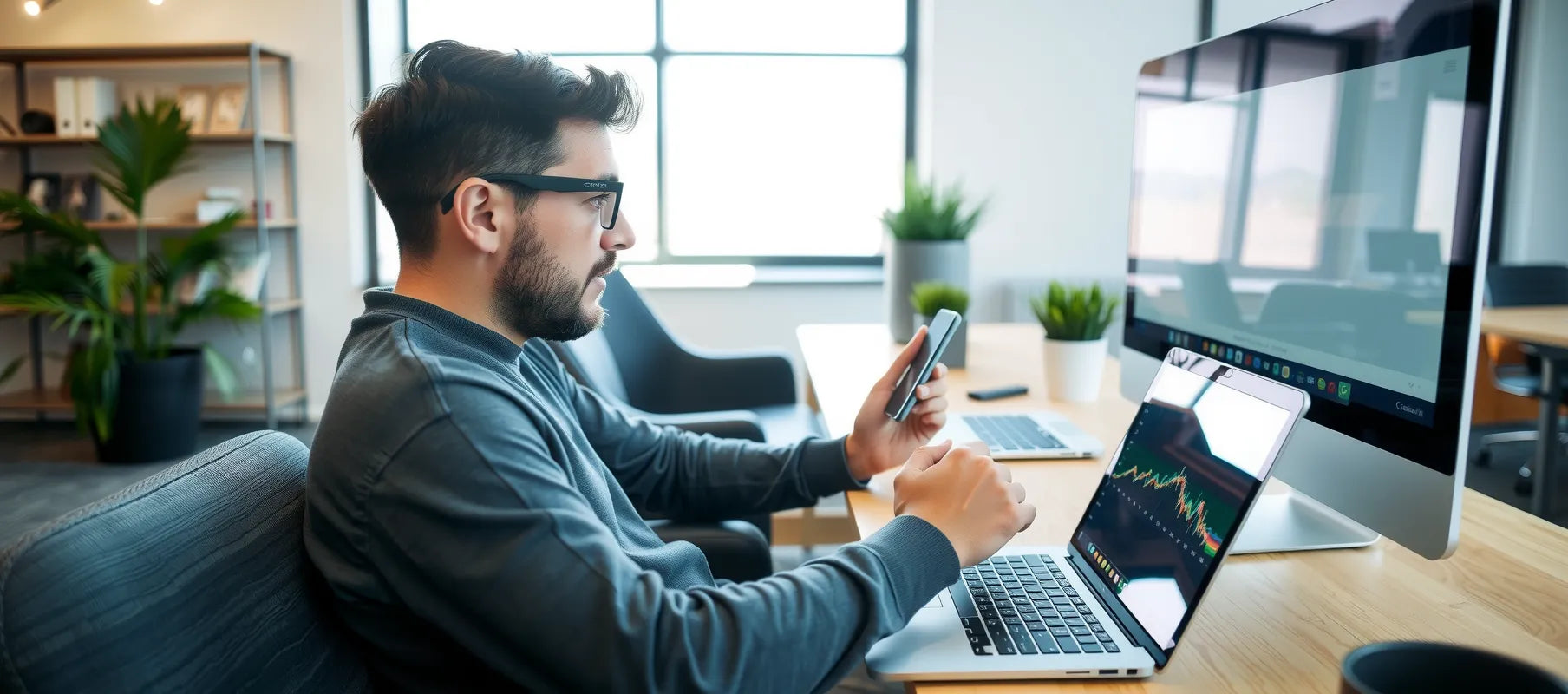 Remote worker using laptop and smartphone simultaneously at modern co-working space, natural lighting, focused on screen, professional setup
