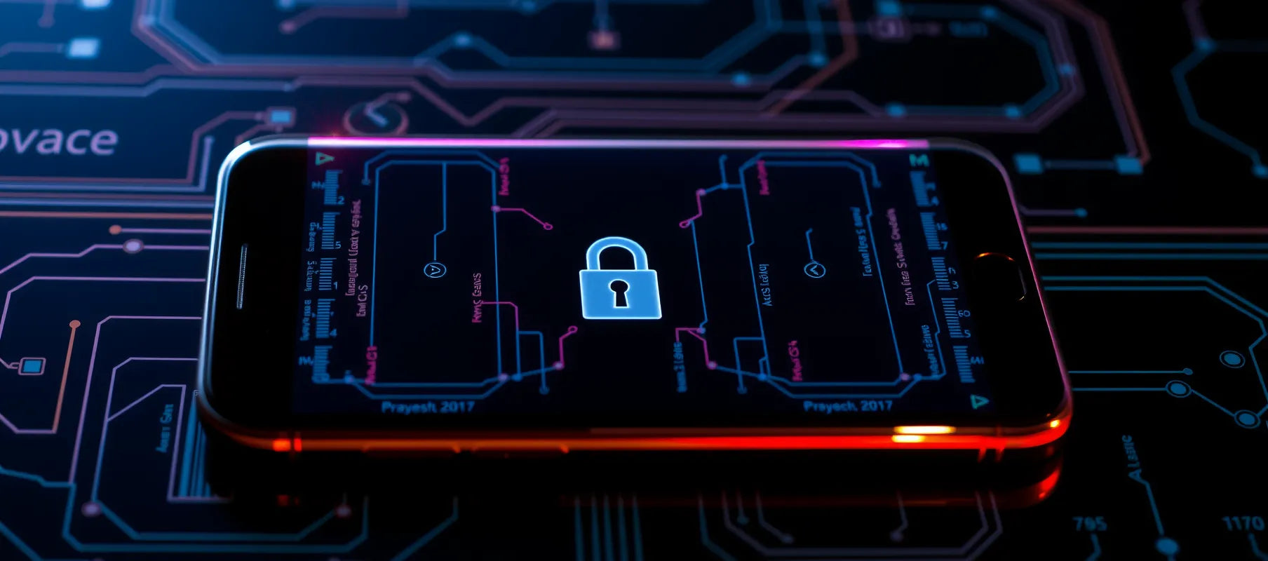 Smartphone displaying security lock screen with encryption symbols, dramatic side lighting, modern technology setup, high resolution detail