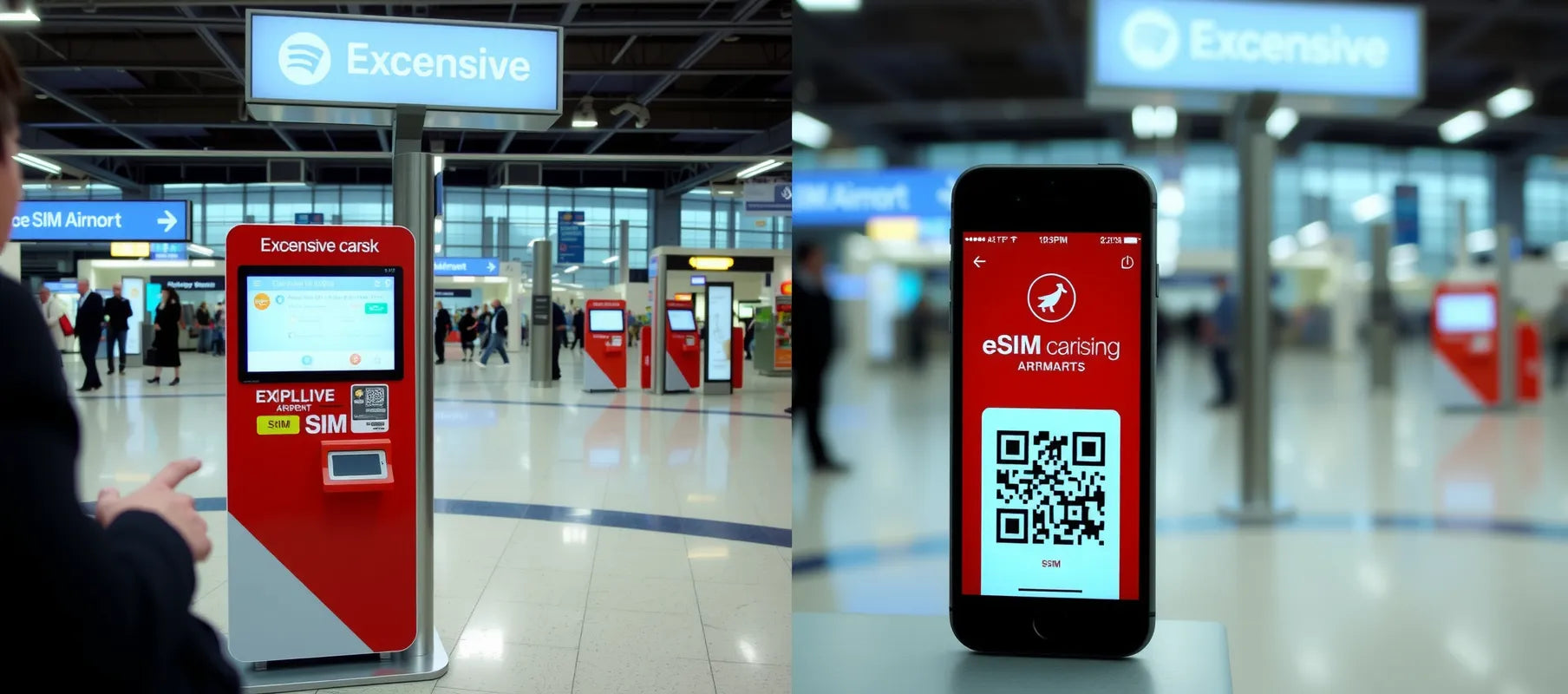 Split screen comparison showing expensive airport SIM kiosk versus smartphone with eSIM QR code, contrasting lighting, documentary style