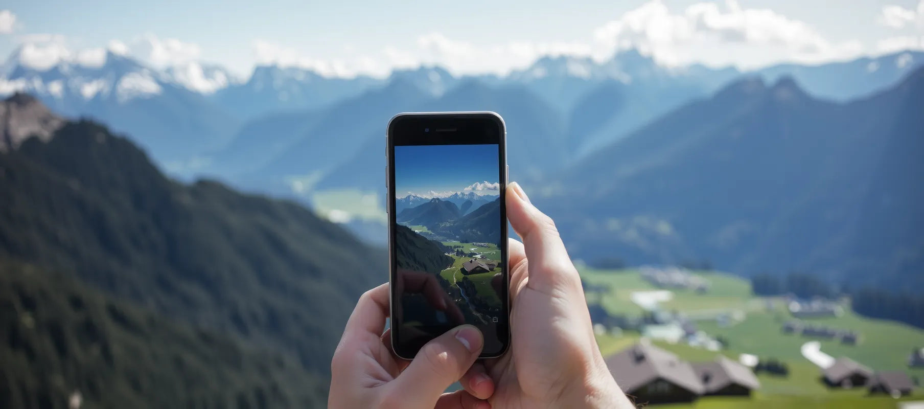 Swiss Alps landscape with person holding smartphone